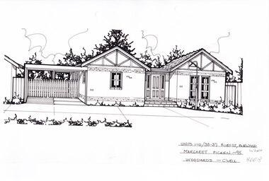 A single story brick house with two pitched roofs either side of a central porch and front door. There is a connected carport on the left.