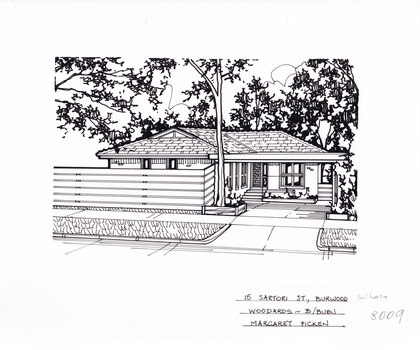 A single story brick house, with a driveway on the left leading to a connected carport which covers the front door. in the foreground is a horizontal plank timber fence, and a tall gumtree.