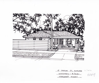 A single story brick house, with a driveway on the left leading to a connected carport which covers the front door. in the foreground is a horizontal plank timber fence, and a tall gumtree.