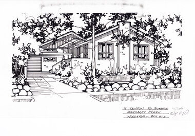 A single story brick house with multiple pitched roofs, to the left is a driveway leading to a carport and garage in the background. and in front of the house is a lawn enclosed by a low rock fence and shrubbery.