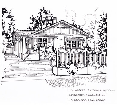 A single story brick bungalow, with roofed porch wrapping around the font left corner of the house. A Picket and brick fence borders the front yard, and opens to a brick driveway on the left. Shrubbery growing in front of house and along the fence.