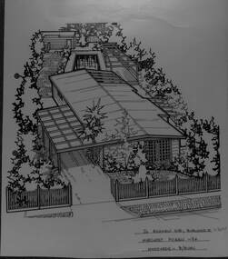 An angled birds eye view from the street of a weatherboard house and carport. Extending to the backyards with pool, pagoda, and shed in the background