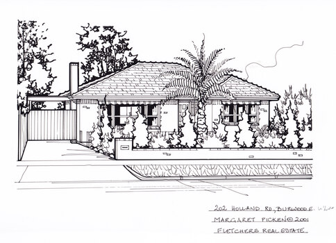 A one story brick house, with a driveway leading to gated carport on the left. In the foreground is a low brick fence, and front lawn filled with hedges, and a large palm tree.
