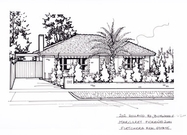 A one story brick house, with a driveway leading to gated carport on the left. In the foreground is a low brick fence, and front lawn filled with hedges, and a large palm tree.