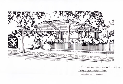 One story brick house behind a front yard and picket fence. A footpath in the foreground from left to right, with a gumtree near the middle.