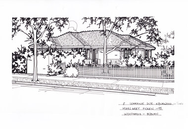 One story brick house behind a front yard and picket fence. A footpath in the foreground from left to right, with a gumtree near the middle.