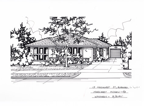 A one story brick house with driveway to the left leading to a garage. In the foreground is a front lawn with a gumtree.