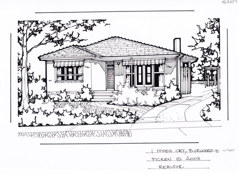 A one story brick house with covered porch in the background, and front lawn with a path leading from the driveway on the left to the to the entrance. The driveway leads to a picket back fence and gate.