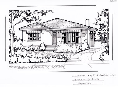 A one story brick house with covered porch in the background, and front lawn with a path leading from the driveway on the left to the to the entrance. The driveway leads to a picket back fence and gate.