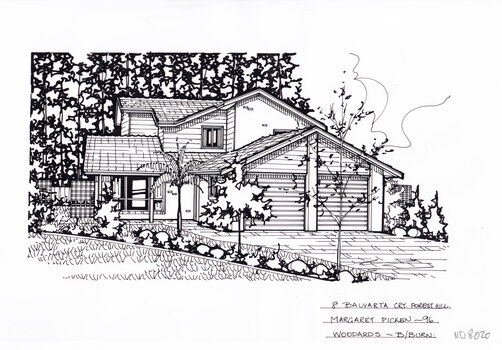 A two story house with a double garage in the background. A landscaped front lawn in the left foreground, and a driveway leading to the the garage in the right foreground.