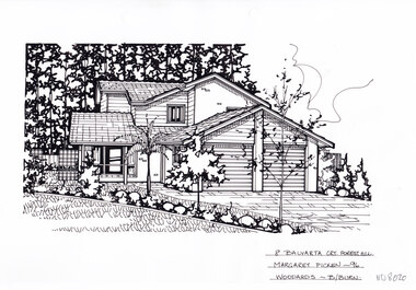 A two story house with a double garage in the background. A landscaped front lawn in the left foreground, and a driveway leading to the the garage in the right foreground.
