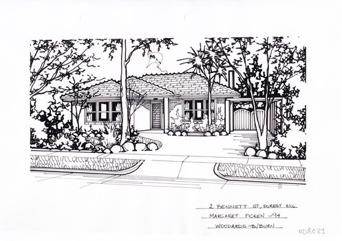 On the left a driveway leads to a carport, with a path leading to the entrance of a one story brick house.