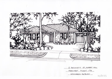 On the left a driveway leads to a carport, with a path leading to the entrance of a one story brick house.