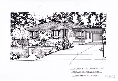 A single story brick house, set back from a front lawn featuring a couple of small trees and shrubs. To the left is a driveway leading to a connected carport.