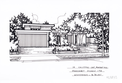 A flat roofed two story house with garage. On the left is the driveway, and on the right a front lawn with garden beds and trees.