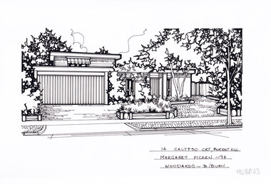 A flat roofed two story house with garage. On the left is the driveway, and on the right a front lawn with garden beds and trees.