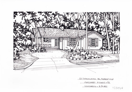 In the background a single story brick house with porch surrounded by trees, a driveway on the left leading to the house. In the foreground on the right is a front lawn with five trees.