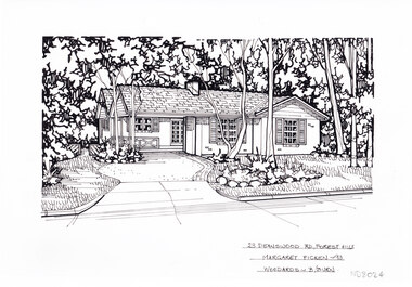 In the background a single story brick house with porch surrounded by trees, a driveway on the left leading to the house. In the foreground on the right is a front lawn with five trees.