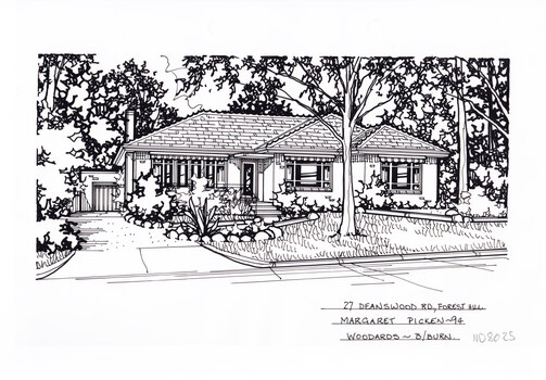 A one story house with a porch, steps and path leading up from the driveway on the left which leads to a detached garage in the background. A front yard with lawn, and rock edge garden beds.