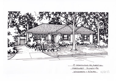A one story house with a porch, steps and path leading up from the driveway on the left which leads to a detached garage in the background. A front yard with lawn, and rock edge garden beds.
