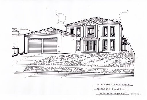 in the left foreground a driveway leading to a brick two door garage, on the right a path to a house and front lawn. In the background is a two story  brick house.