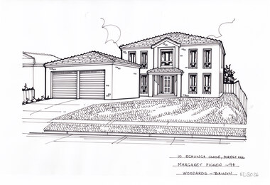 in the left foreground a driveway leading to a brick two door garage, on the right a path to a house and front lawn. In the background is a two story  brick house.