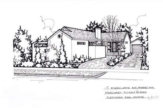 A rendered L shape house with a path and driveway on the left.