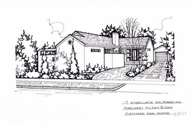 A rendered L shape house with a path and driveway on the left.
