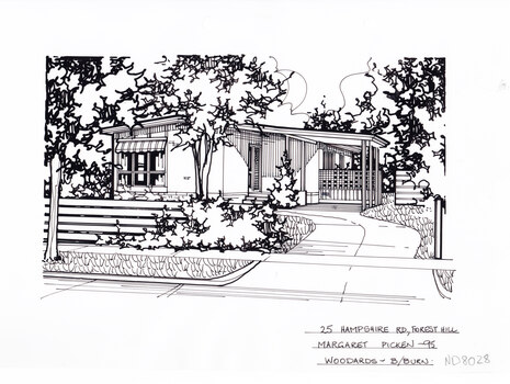 In the foreground a horizontal timber plank fence on the left, and a curving driveway on the right leading to a connected carport. In the background is a small house.