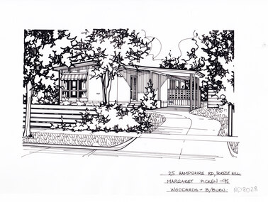 In the foreground a horizontal timber plank fence on the left, and a curving driveway on the right leading to a connected carport. In the background is a small house.