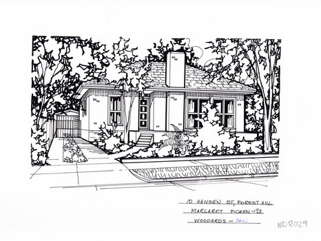 Black line drawing of a single story house with a driveway to the left and front garden.