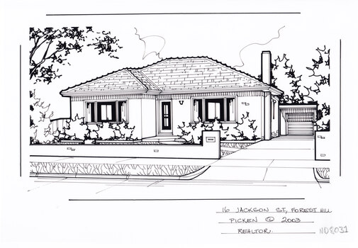A black line drawing of a single story house set back from a front lawn and low brick fence, on the right is a connected driveway.