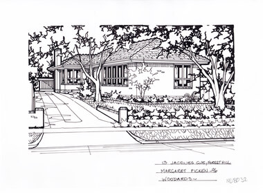 A black line drawing of a single story house, set back from the lawn and garden featuring two trees in the foreground. To the left is a driveway leading to a garage.