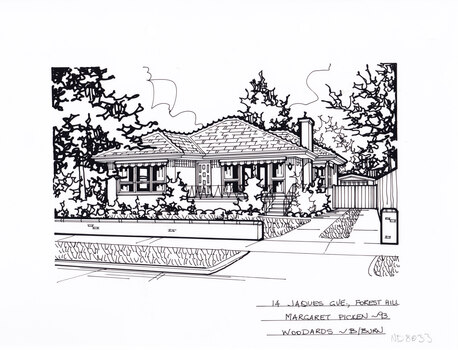 A black line drawing of a single story brick house set back from a low fence and front yard, with a driveway on the right. 