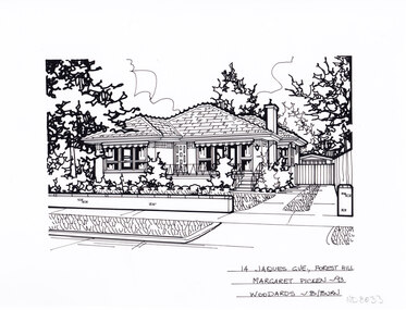 A black line drawing of a single story brick house set back from a low fence and front yard, with a driveway on the right. 