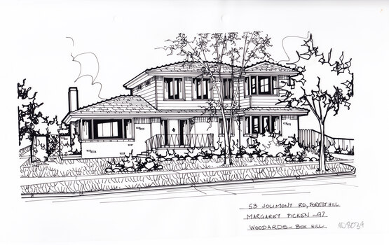 A black line drawing of a two story brick and weatherboard house set back from a front garden.