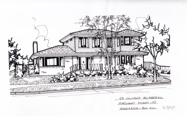 A black line drawing of a two story brick and weatherboard house set back from a front garden.