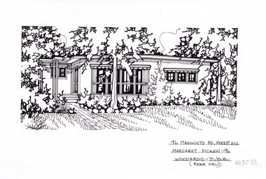 A black line drawing of a brick path leading to a flat roofed single story house set back from a lawn and garden in the foreground.