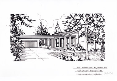 Black Line Drawing of a single story pitched roof brick house, with driveway on the left leading to connected carport and garage.