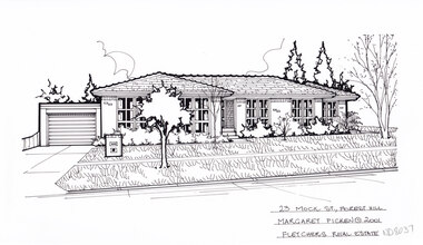 A black line drawing of a brick single story house set back from a front lawn with driveway leading to a garage on the left.