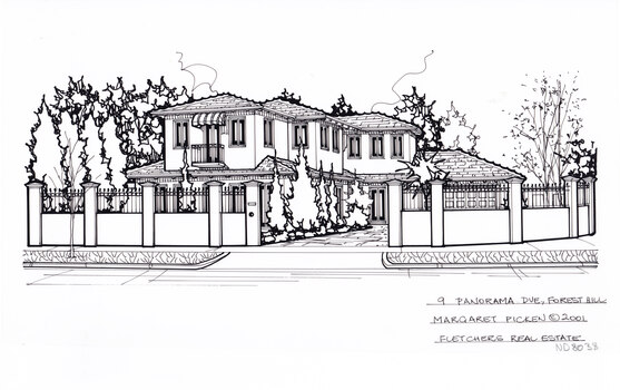 A black line drawing of a two story rendered house set back from a high wrought iron and render fence, with driveway on the right leading to a connected garage.