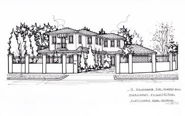 A black line drawing of a two story rendered house set back from a high wrought iron and render fence, with driveway on the right leading to a connected garage.