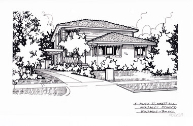 A black line drawing of a two story brick and weather board house set back from a front lawn, with a driveway leading to a connected carport.