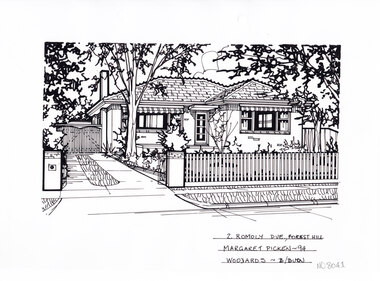 A black line drawing of a single story brick house set back from a picket fence and front yard with shrubbery and trees. To the left is a driveway leading to a picket gate.