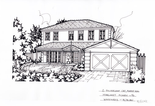 A black line drawing of a two story rendered house setback from a landscaped front garden, with a attached two car garage.