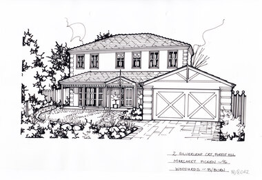 a black line drawing of a two story rendered house setback from a landscaped front garden, with a attached two car garage.