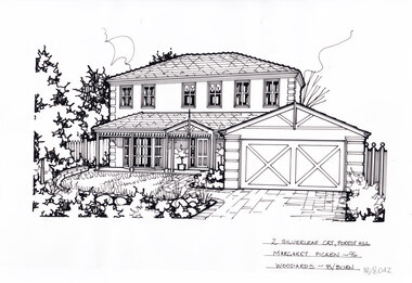 A black line drawing of a two story rendered house setback from a landscaped front garden, with a attached two car garage.