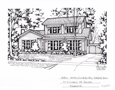 A black line drawing of a two story weatherboard house, set back from a front yard. With a driveway on the right leading to a back gate.