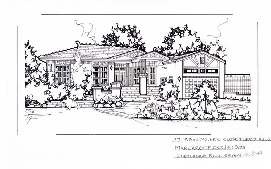A black line drawing of a single story brick house, with sweeping steps up to the porch and front door. set back from a horseshoe shaped driveway, and greenery.