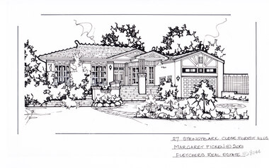 A black line drawing of a single story brick house, with sweeping steps up to the porch and front door. set back from a horseshoe shaped driveway, and greenery.